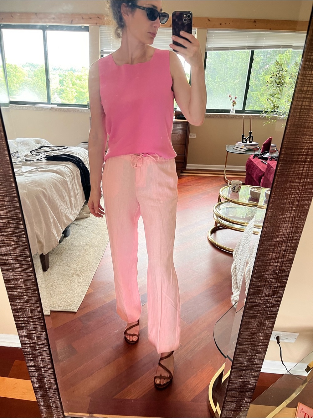 Full vintage natural fiber Pink Sleeveless Top & Light Pink Drawstring Pants Set